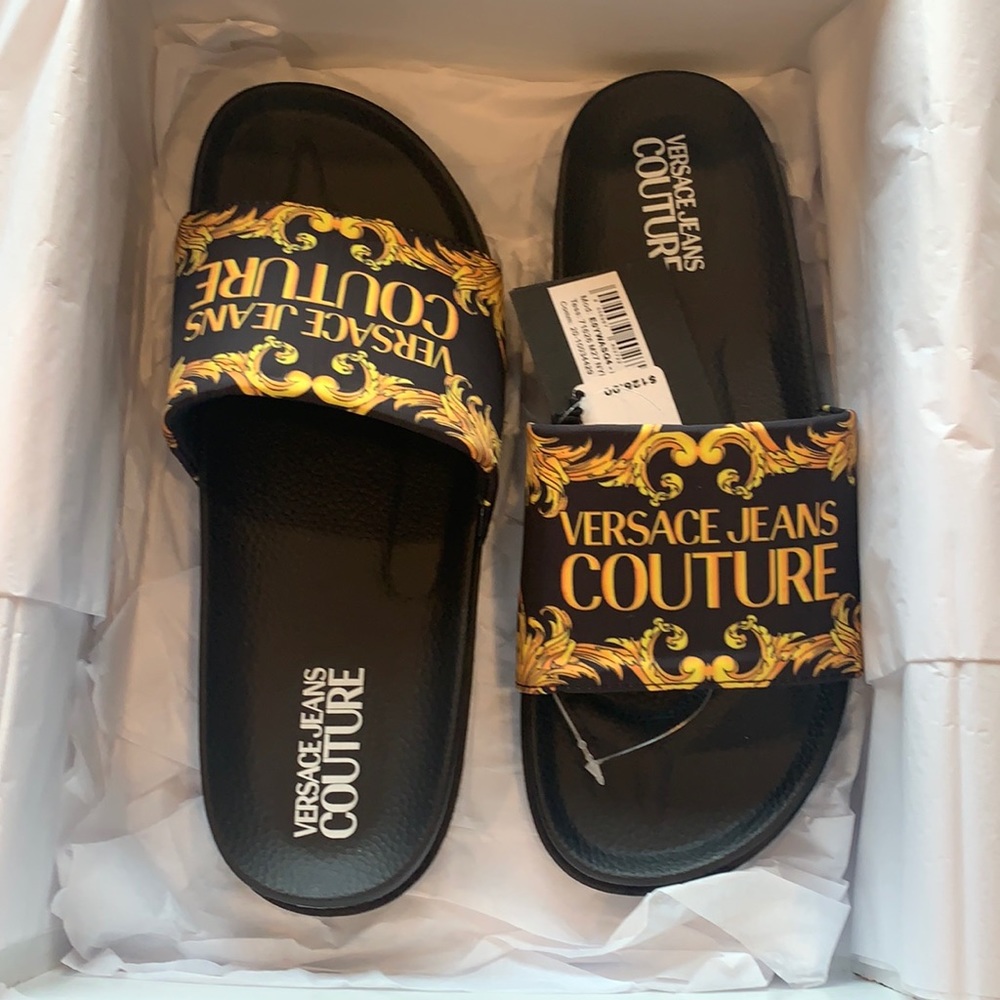 Versace Collection Black & Gold Baroque Slide Sandals